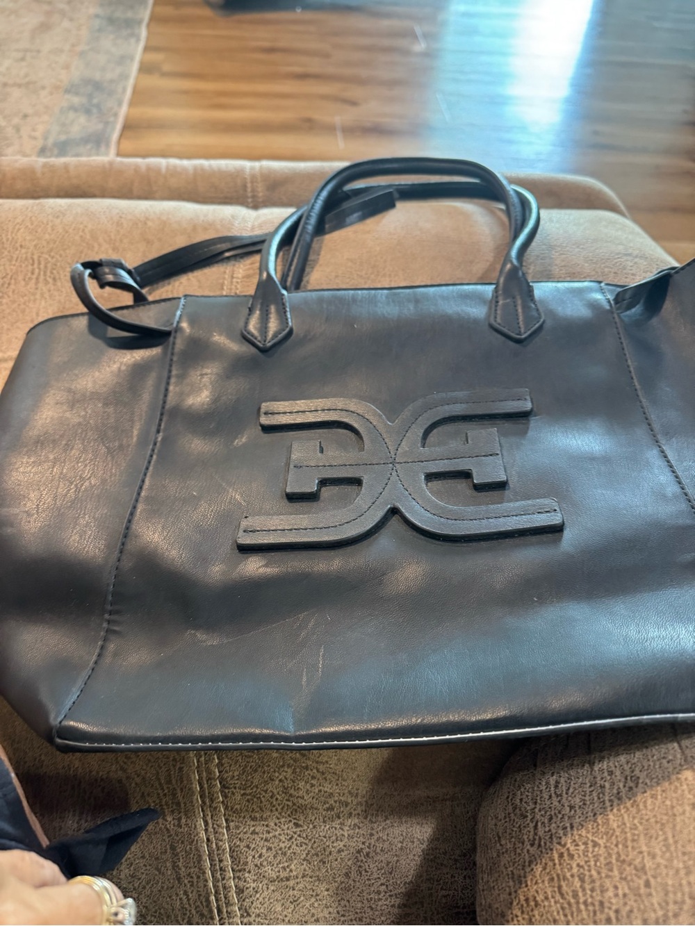Black Leather Women's Briefcase Tote with Logo Accent